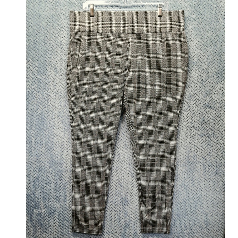 Tahari Womens XL Glen Plaid Pull On Ankle Pants Black White Stretch Trousers